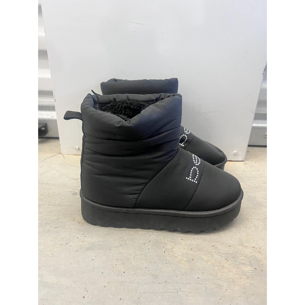 Bebe Winter Boots Girls US 1 Black Rhinestone Logo Fur Lined Platform Casual
